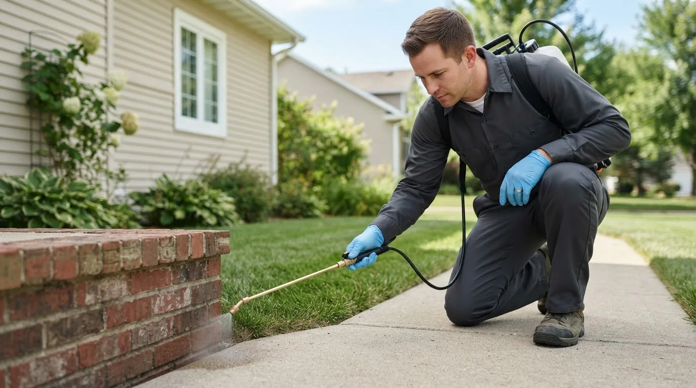Pest control technician treating a home near Bushland, TX